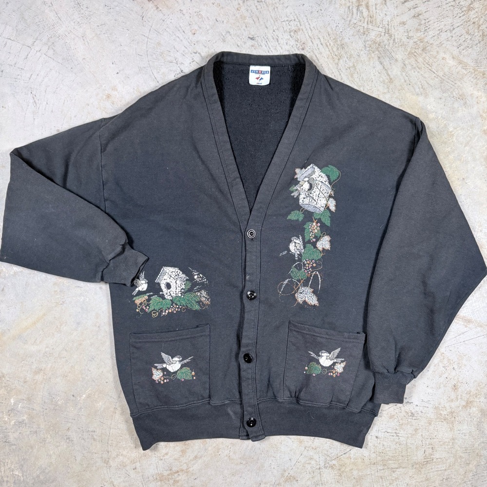 Vtg Jerzees Women's Black Cardigan Birdhouse Button Up‎ Sweatshirt women's large